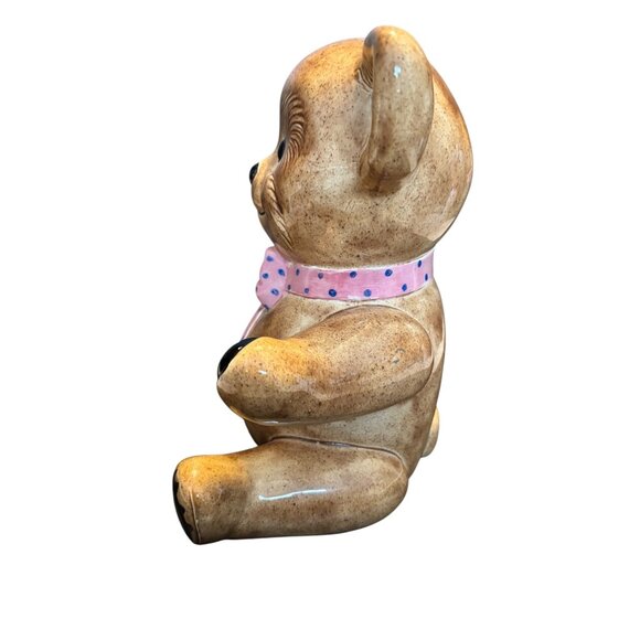 Vintage Ceramic Brown Teddy Bear Bank / Decoration Pink Bow 11" - Picture 6 of 9